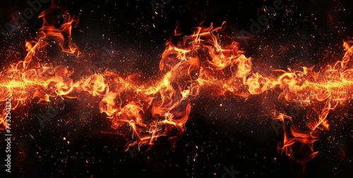 Fire flames with sparks on black background, burning fire texture, flame banner template Generative AI