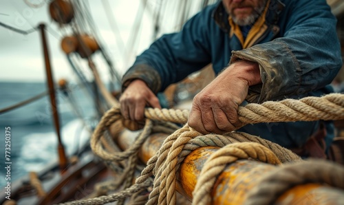 fisherman relaxed moment on a sailboat, hands coiling a rope, details of the weathered deck and the sea beyond © khwanchai