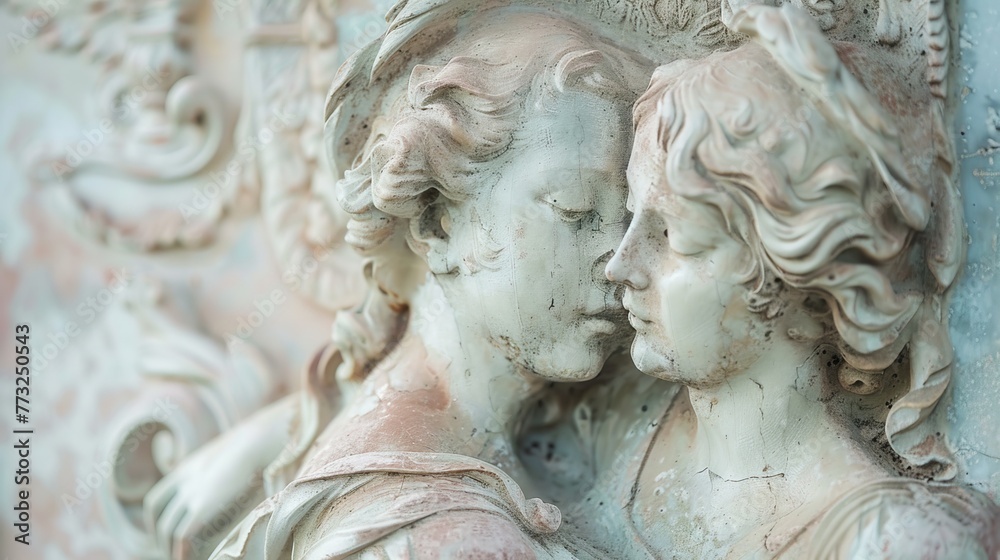 A close-up of a sculpted relief showing two figures in a tender embrace A close-up of a sculpted relief showing two figures in a tender embrace