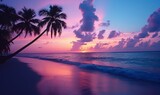 serene sunrise over a tropical beach, palm trees silhouetted against a pastel-colored sky