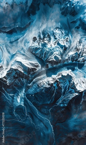 An aerial view of a snow-covered mountainous landscape with intricate glacier formations and deep blue crevasses