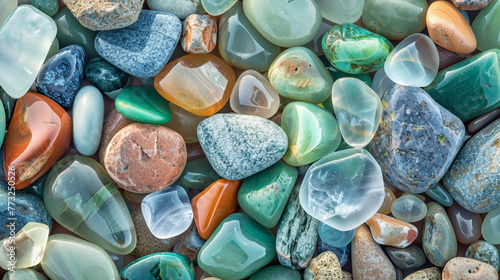 Nestled on the seashore, an array of colorful gemstones and polished sea glass stands out against the sandy backdrop. Green and blue hues mingle with variegated pebbles