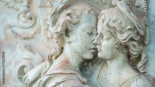 A close-up of a sculpted relief showing two figures in a tender embrace