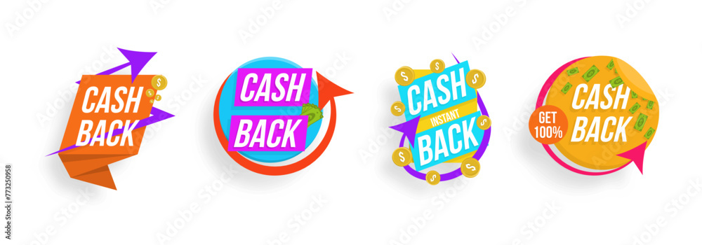 Money return label, shop sale offers and cash back banner. Golden coins in wallet set. Vector Illustration of money back for promotion, sales, discounts. Colorful sticker on white background.