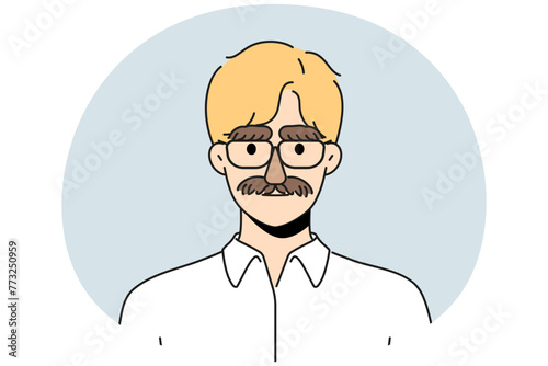 Businessman with thick moustache and eyebrows disguise look at camera. Serious man employee wearing mask of mustache and brows. Vector illustration.