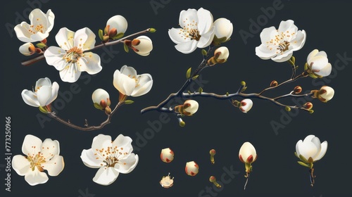 A complete set of realistic apricot flowers including petals, buds, twigs, and one ready-to-use fruit tree branch. Make your own flower arrangement using this set. © Zaleman