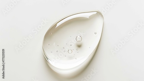 Droplet of clear skincare liquid toner. Isolated white background with cosmetic product swatch. photo