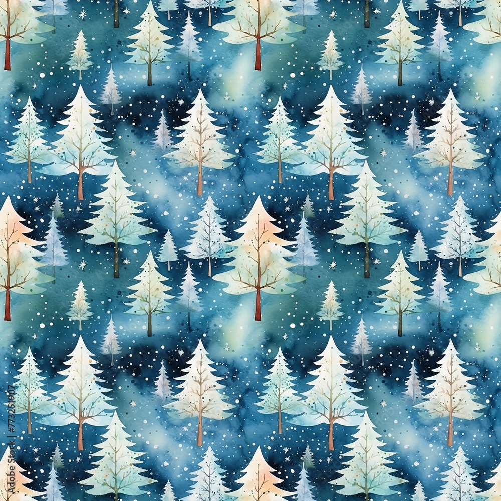 Watercolor Christmas seamless pattern with trees on deep blue background.