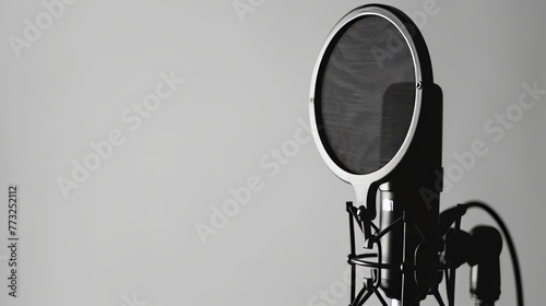 Isolated on white background, a contemporary black professional microphone stands with wires and a round pop filter