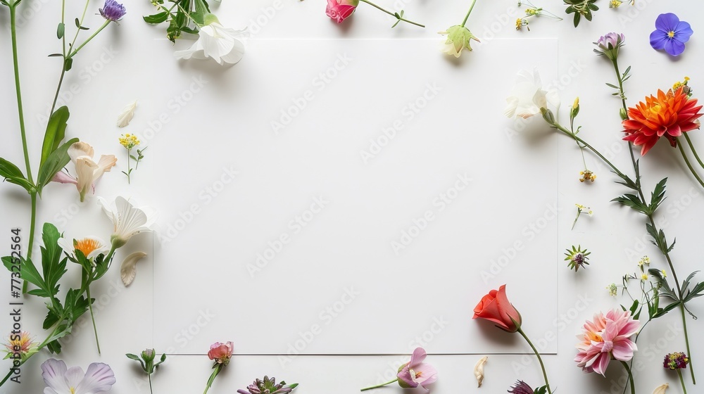 A variety of colorful flowers arranged around a blank white card on a light background