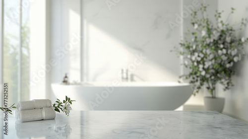 Showcasing a sleek white bathroom interior, this scene features an empty marble table top, ideal for product display, set against a softly blurred background of the bathroom's stylish design.