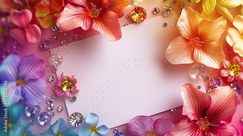 A colorful floral background with a variety of flowers and jewels creating a vibrant frame around an empty white space