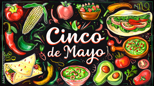 Colorful Cinco de Mayo Festive Food Illustration on Black Background