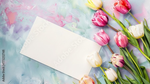 A blank card surrounded by colorful tulips on a pastel-painted background #773252768