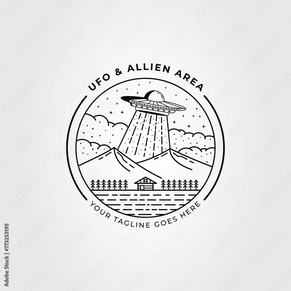 mysterious flying UFO on mountain line art logo vector illustration design - obrazy, fototapety, plakaty 