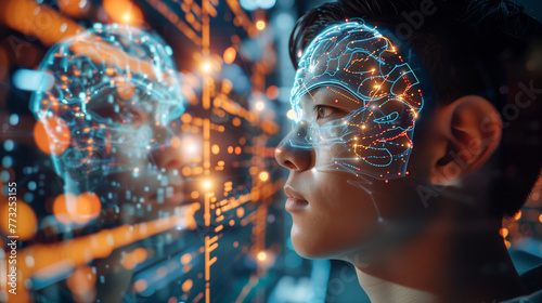 Digital brain and man in virtual reality, hologram of artificial intelligence with data flow from eyes and ears. Futuristic concept of AI technology for digital transformation and big impact on societ photo