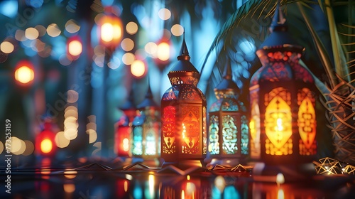 Colorful glass lantern lights with festive ketupat lamps ai image