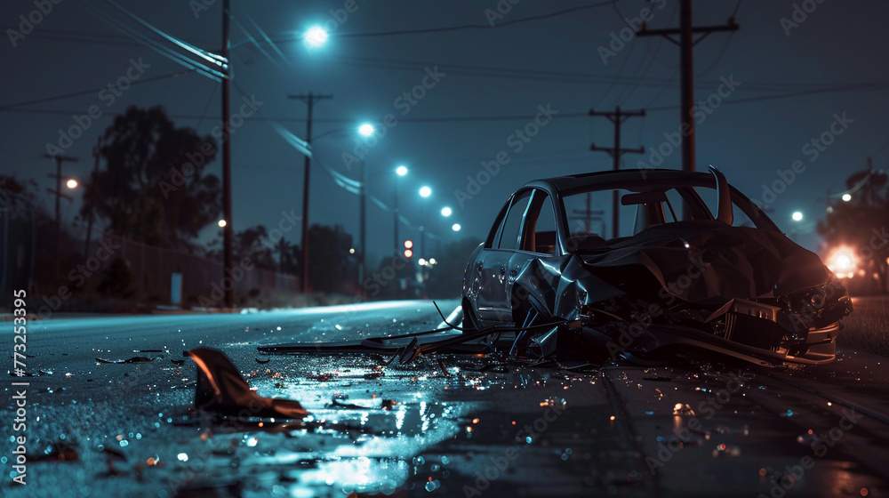 A car crash on a road at sunset paints a somber picture of the perils of driving, offering significant copy space to emphasize