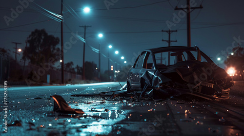 A car crash on a road at sunset paints a somber picture of the perils of driving, offering significant copy space to emphasize © arhendrix