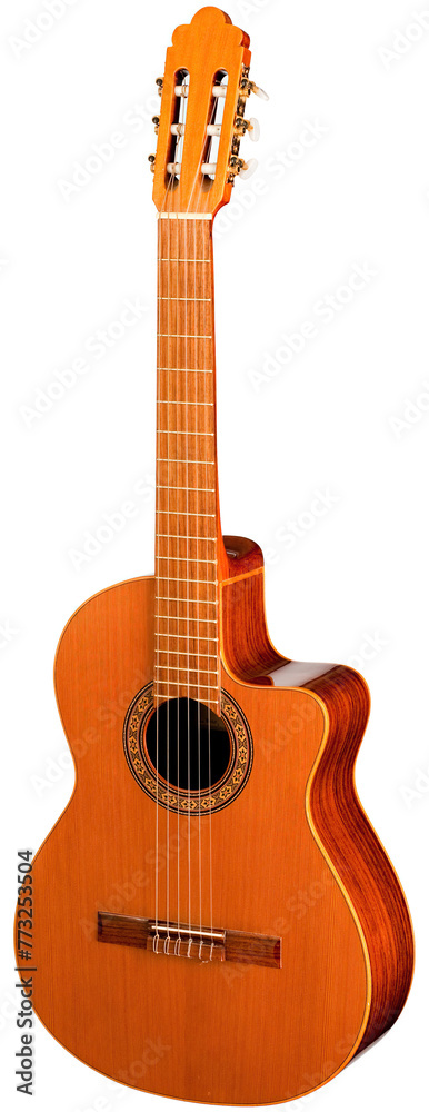 Obraz premium Classical Spanish flamenco guitar close up, dramatically lit isolated on white background with copy space.