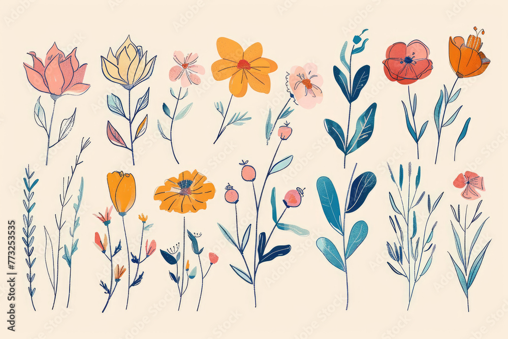 A collection of flowers in various colors and sizes. The flowers are ...