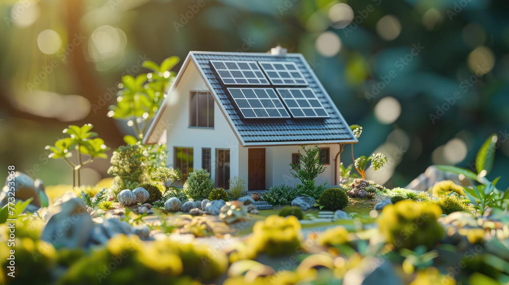 A small house with a green roof and a garden in front of it. The house is surrounded by rocks and grass A small house with a green roof and a garden in front of it. The house is surrounded by rocks and grass