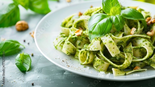 An elegant plate with white pasta, pesto sauce, basil, and nuts