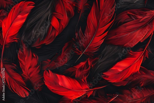 Design for an abstract red feather pattern on a black background. Generative Ai photo