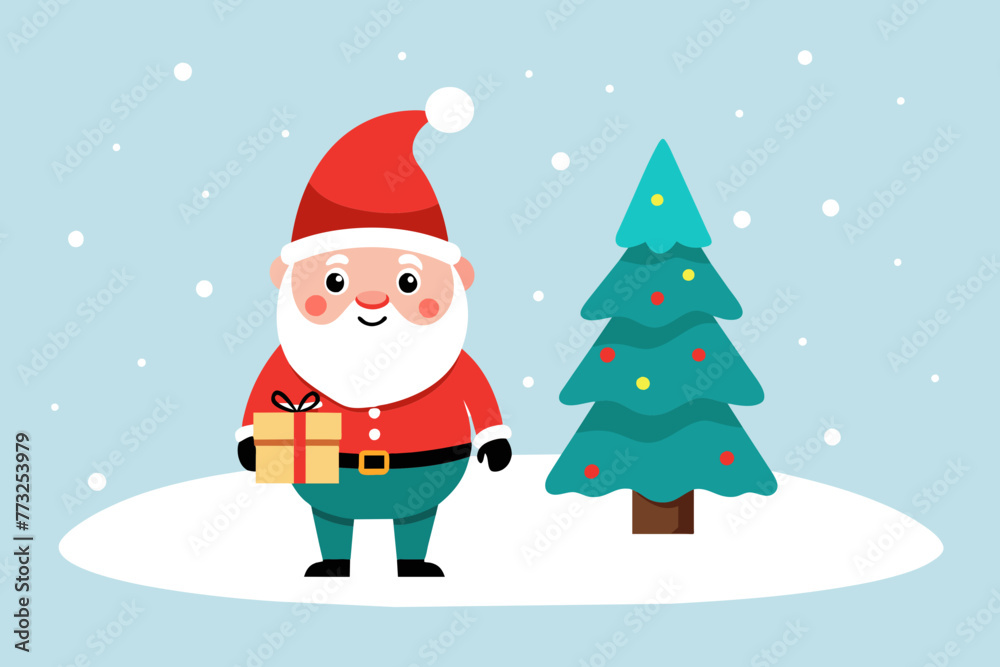 isolated on white clean background, cute smile young fat gnome on snowy January with gift and christ mas tree flad color