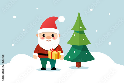 isolated on white clean background, cute smile young fat gnome on snowy January with gift and christ mas tree flad color