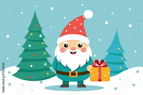 isolated on white clean background, cute smile young fat gnome on snowy January with gift and christ mas tree flad color