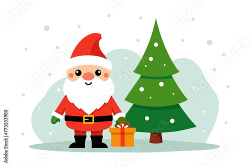 isolated on white clean background, cute smile young fat gnome on snowy January with gift and christ mas tree flad color
