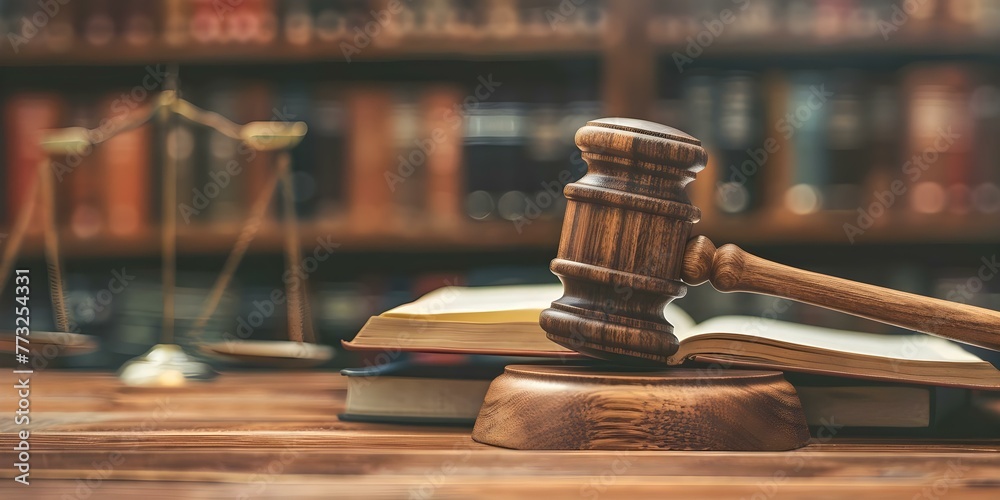 Courtroom scene with open law book and wooden gavel symbolizing justice in the legal system. Concept Legal System, Justice, Courtroom, Law Book, Gavel - obrazy, fototapety, plakaty 
