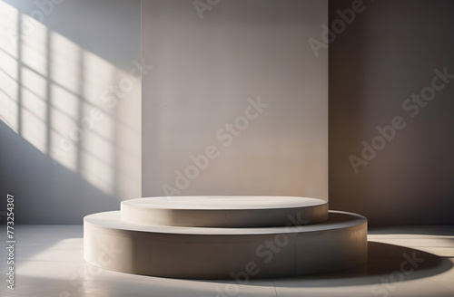 Round Podium for Cosmetic  Soap  Items Presentation. Abstract Minimal Geometric Pedestal. Cylinder One Form  Soft Shadow. Scene to Show Product  Object. Showcase  Display Case. Stand. Beige Backdrop