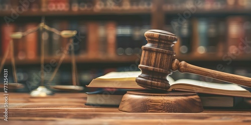 Courtroom scene with open law book and wooden gavel symbolizing justice in the legal system. Concept Legal System, Justice, Courtroom, Law Book, Gavel photo