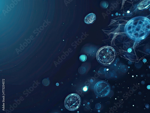 Decentralized finance (DeFi) icons floating in space, abstract background with text space