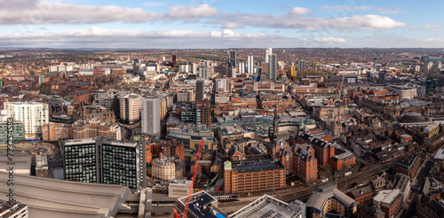 Aerial panorama of Leeds city centre with retail district and train station