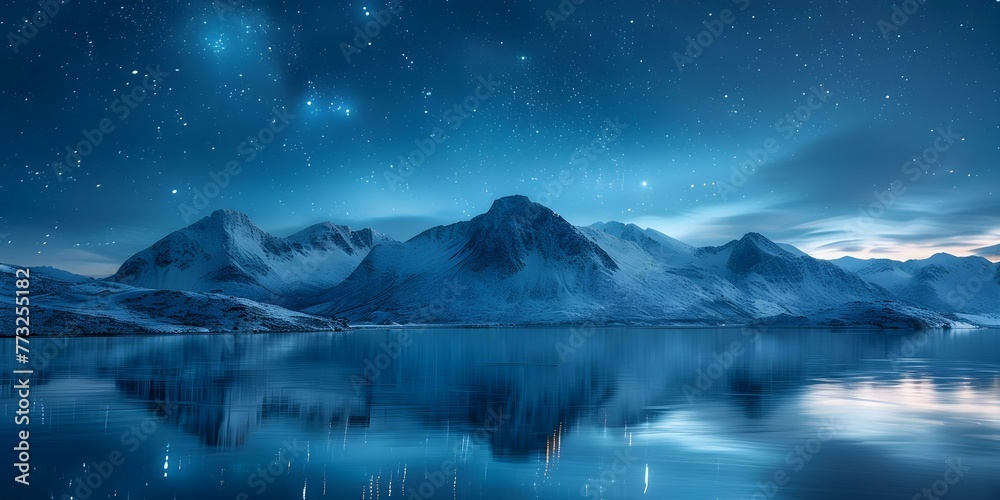 Awe-Inspiring Northern Lights Over Snowy Norwegian Mountains Reflecting on Water. Concept Aurora Borealis, Snowy Mountains, Norwegian Landscapes, Reflections in Water, Natural Wonders