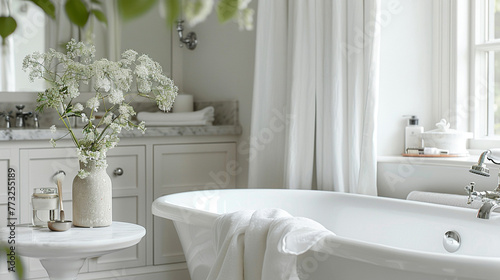 The simplicity of a white bathroom interior is captured here  where a marble table top serves as a refined display surface  set against the gentle blur of the bathroom s stylish surroundings.