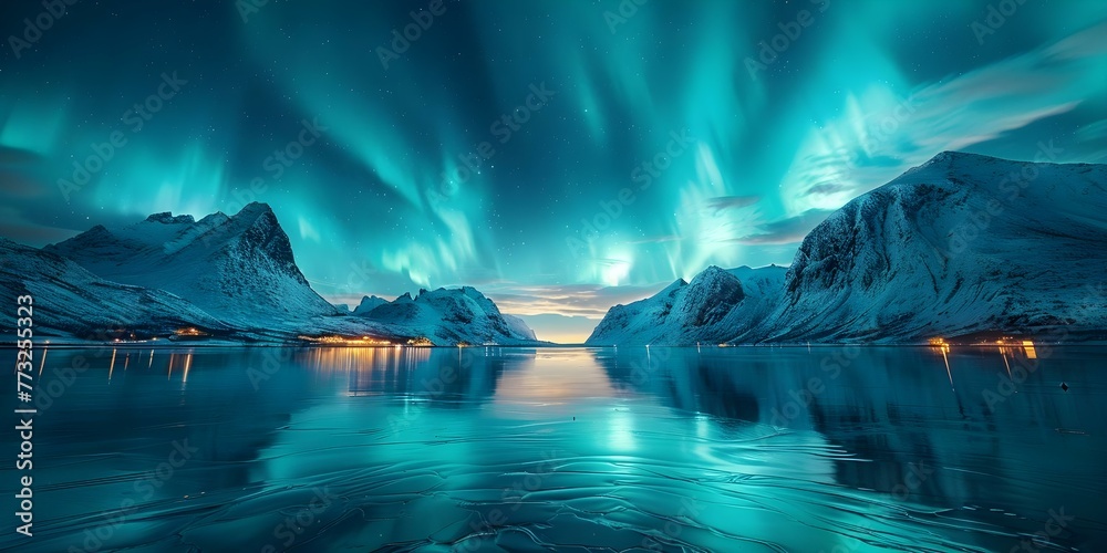 Northern lights illuminate the night sky above snowy mountains and reflect in the water below. Concept Aurora Borealis, Snowy Mountains, Night Sky, Reflections