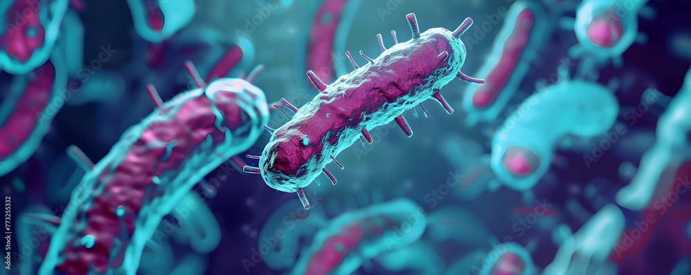 Closeup of group of bacteria on blue background. Abstract 3d background of microscopic floating bacteria with copy space. Microbiology and medicine. Dangerous disease strain, infection disease concept - obrazy, fototapety, plakaty 