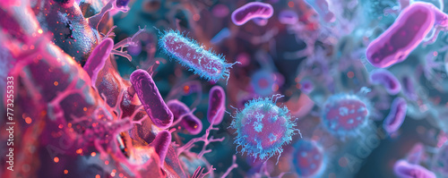 Closeup of group of bacteria on purple background. Abstract background of microscopic floating bacteria with copy space. Microbiology and medicine. Dangerous disease strain, infection disease concept