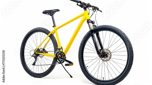 On a white background, a yellow 29er mountain bike is isolated