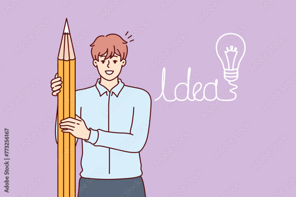 Business man has come up with idea to attract clients and holding giant pencil, standing near drawing of light bulb. Guy student rejoices at idea of writing a successful thesis for final exam - obrazy, fototapety, plakaty 
