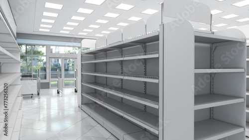 Supermarket interior mockup with aisle between rows of empty racks and view of the city through the window. 3d illustration