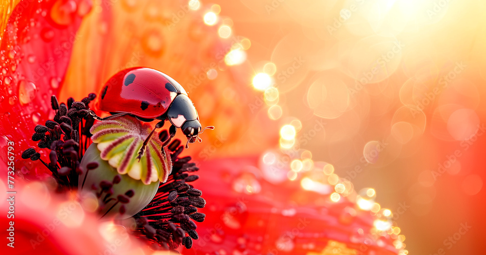A ladybug perches on a poppy flower with dew drops.
A ladybug perches on a poppy flower with dew drops.