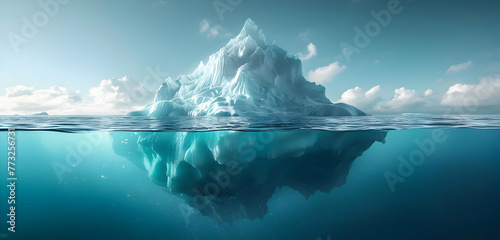An iceberg floating in the ocean. View under and over the ocean. High-resolution