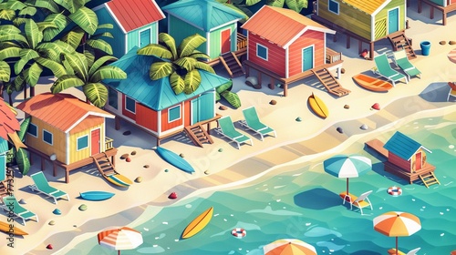 Beach Cabanas and Bungalows Design a pattern featuring colorful beach cabanas and bungalows nestled along the shore Add details like lounge chairs, umbrellas photo