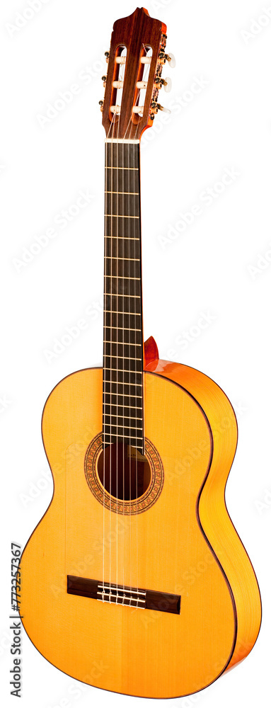 Obraz premium Classical Spanish flamenco guitar close up, dramatically lit isolated on white background with copy space.