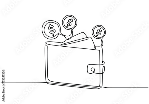 Single one continuous line drawing of dollar coin and big wallet